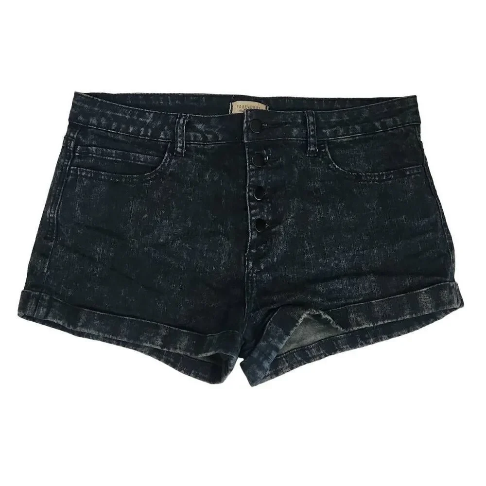 Forever 21 Women's Size 30 Black Blue Denim Button Down High Rise Shorts